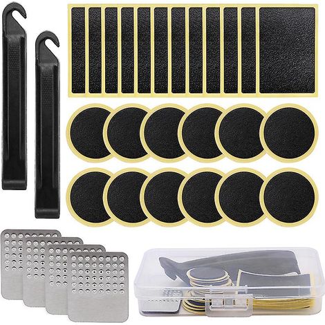 Kit de réparation de crevaison pour vélo avec 30 rustines pour chambre à air, une rustine sans colle, des démonte-pneus et une lime métallique - Idéal pour vélos et VTT (1/5)