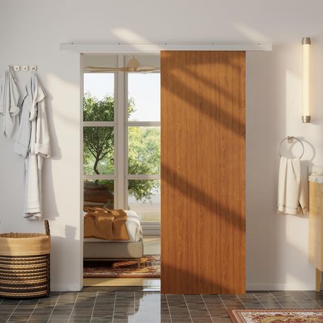 Porta scorrevole 75x210 cm, kit di montaggio per armadio, binario, effetto legno marrone
