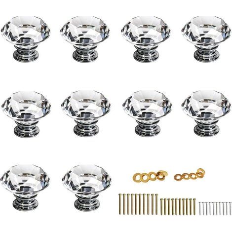 10X40mm Diamond Cut Clear Crystal Glass Kitchen Drawer Door Knob Cupboard Pull Handle Hardware for Bedroom Furniture, Bedside Cabinet, Dresser Unit and Chest by