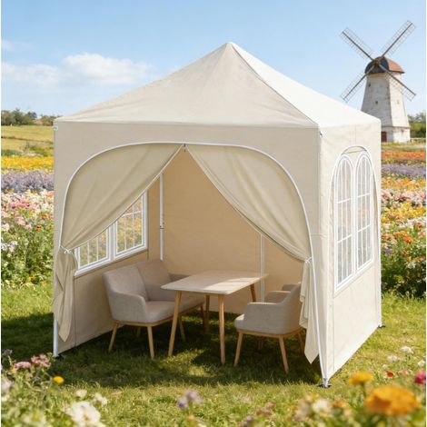 Gazebo da giardino 200x200x232 cm, struttura pieghevole, teli laterali rimovibili, tessuto Oxford beige (1/5)