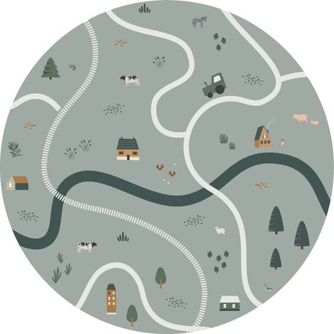 papier peint panoramique rond adhésif tracteurs et animaux de la ferme vert grisé  - ESTAhome (1/5)