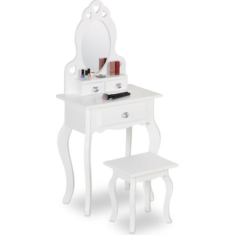 Relaxdays Children's Dressing Table, with Mirror & Stool, 110 x 50 x 30 cm, for Kids from 3 years, Vanity Dresser, White