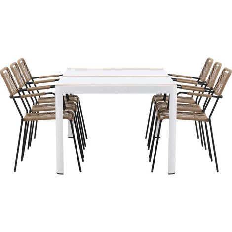 Togo Gartenset Tisch 100x200cm weiß, 6 Stühle Lindos braun.