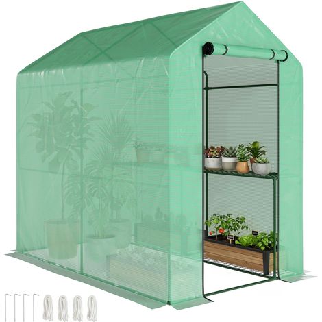 Serre de jardin avec étagères en PE à 2 niveaux, serre de balcon, poutre renforcée 140 g/m², structure en acier, 186 x 120 x 190 cm, verte (1/5)