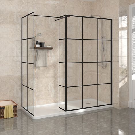 Black Grid Wet Room Walk in Easy Clean Glass Screen Shower Enclosure with Return Panel 800mm & 1000mm (1/5)