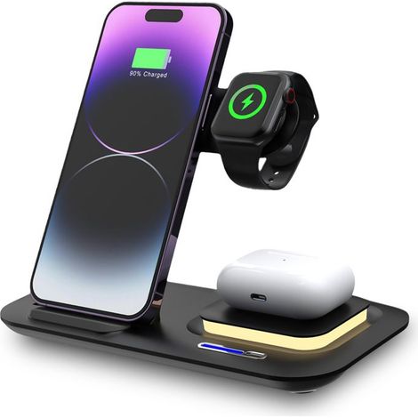 Chargeur Sans Fil 15W Qi - 4 en 1 pour iPhone Android Ecouteurs et Montres avec Double Bobine - Chargeur à Induction avec Veilleuse (1/4)