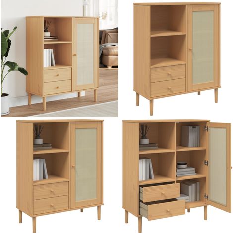 Highboard SENJA Rattan-Optik Braun 90x40x112 cm Kiefernholz - Hochboard - Wohnzimmermöbel - Sideboard - Regal - TV-Schrank - Home & Living