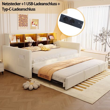 Canapé-lit capitonné 90x190cm, lit gigogne, tête de lit avec rangements intégrés, bande lumineuse LED et prises de chargement, velours, beige (1/5)