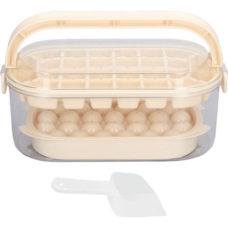 2 bacs à glaçons ronds et carrés avec couvercle et bac pour congélateur, moules à glaçons avec pelle, pour faire 54 glaçons [Fond rigide] Beige, lot de 2 bacs (1/5)