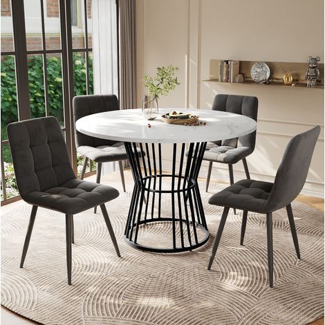 Ensemble repas 5 pièces en MDF et métal multicolore, 4 places, table ronde effet marbre avec chaises en velours (1/5)