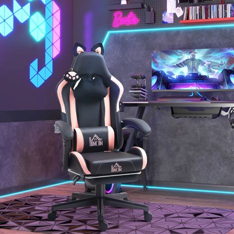 Sedia da gaming ergonomica con orecchie da gatto, sedia da gaming con schienale reclinabile, 65 x 62 x 124 cm, nera