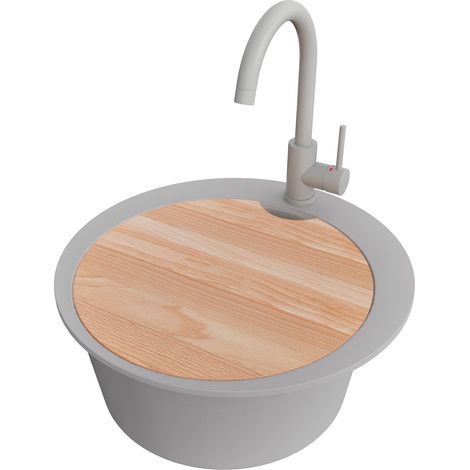 PRIMAGRAN Evier cuisine Granit Rond 50x50cm,Evier 1 bac + Robinet 32x20cm + Kit de Vidage + Planche à Découper, Lavabo Cuisine au meuble 45cm - Pise, Gris (1/5)