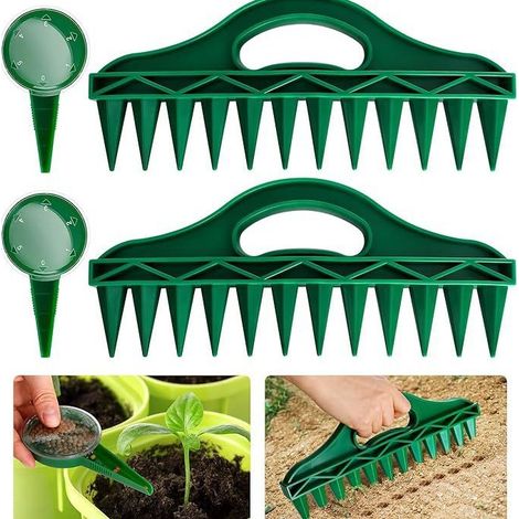 Saatgutspender mit 12 Löchern, 2-teiliges Set, Anzuchthilfe, Bodenlockerungswerkzeug für Gartenarbeit, Gemüse, Obst und Blumen (1/4)