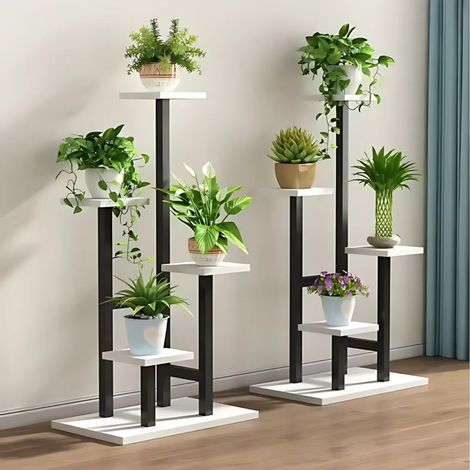 Support à plantes en métal noir et blanc – 4 niveaux – Étagère décorative pour intérieur moderne – Idéal pour salon et bureau