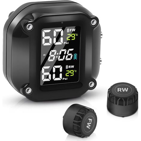 Sistema de monitoreo de presión de neumáticos para motocicleta, 5 modos de alarma, carga USB magnética, diseño impermeable IP67, con 2 sensores inalámbricos externos (1/5)