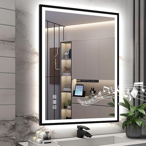 Espejo de baño LED con marco de hierro, antivaho, ajustable de 3000 a 6500 K, función de memoria, IP44, montaje en pared horizontal o vertical, 80 x 60 cm, negro, S'bagno