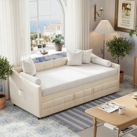 Lit gigogne capitonné 90x190 cm, canapé-lit en velours, extensible, avec sac de rangement et sommier à lattes en bois - Beige