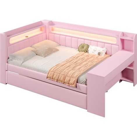 Lit banquette 140x200 rose, gigogne, bureau, LED, USB, sans matelas