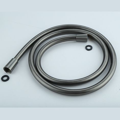Flexible de douche à main en PVC gris anthracite de 1,5 mètre avec embout en cuivre et pommeau de douche pivotant à 360°. (1/5)