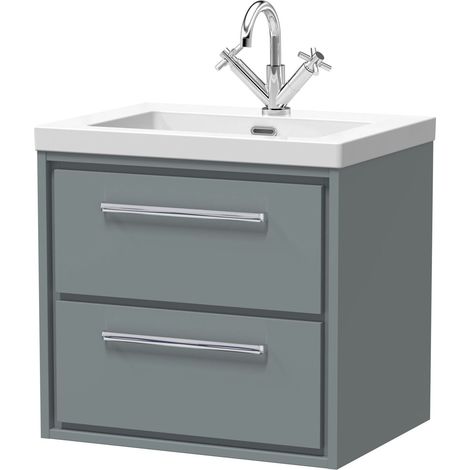Balterley Longnor Modern Bathroom 2 Soft-Close Drawer Wall Hung Vanity Unit Fireclay Basin, Coastal Grey, 600mm