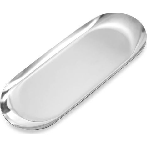 Assiette D'ornements,Plateau de Rangement en Acier Inoxydable Ovale Organisateur pour Bijoux Cosmétiques Bougies Fruits Thé, Argent (1/4)
