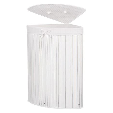 Cesto de ropa de esquina de 73 litros con tapa de bambú blanco natural. (1/5)