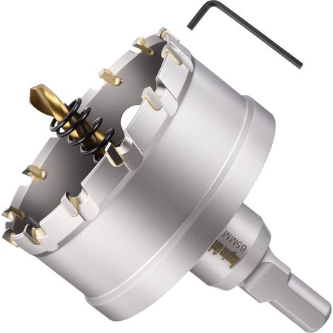 Kit de scie-cloche en carbure de tungstène avec foret central, clé hexagonale et ressort – pour métaux durs, feuilles en acier inoxydable, tubes carrés, fibre de verre, argent (1/5)