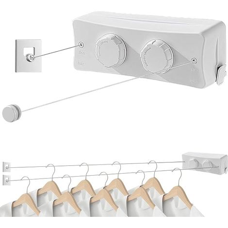 Corde à Linge Rétractable pour Intérieur et Extérieur, 2 x 5.1M Acier Inoxydable Fil a Linge Retractable, Étendoir à Linge Gain de Place (Blanc) (1/5)