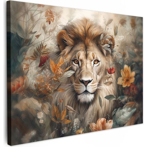 TABLEAU SUR TOILE Lion - Vie sauvage - Plantes - Nature - Fleurs Décoration Murale 40x30 cm