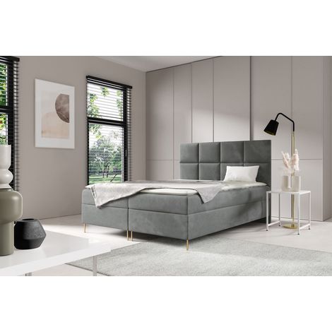 Sofello Boxspringbett SARA 120 x 200cm 2x Bettkasten TOPPER 5cm Gratis Grau Velour hohe goldene Beine (1/5)