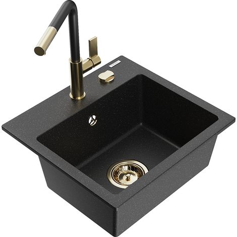 Mexen Milo Granitspüle 1-Becken mit Küchenarmatur Flora, schwarz/silberner Metallic - 6505-73-670401-57-G (1/5)