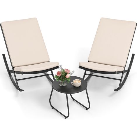 COSTWAY Set 3 Pezzi Sedie a Dondolo, Sedie in Rattan PE con Tavolino in Metallo e Cuscini Spessi, Set di Mobili da Giardino per Balcone e Bordo Piscina (1/5)