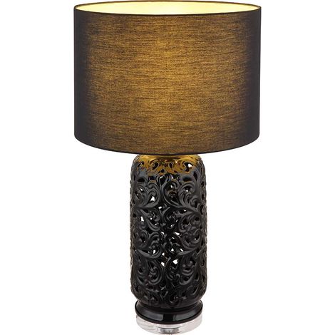 LED Tischleuchte Keramik schwarz Beistellleuchte Textilschirm Tischlampe Wohnzimmer Modern, gemustert, 10,5W 1055Lm warmweiß, DxH 40x71 cm