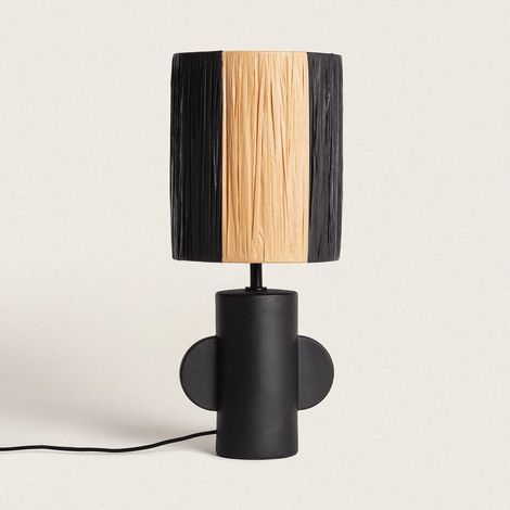 Tischlampe aus Keramik und Bast Tyler Schwarz