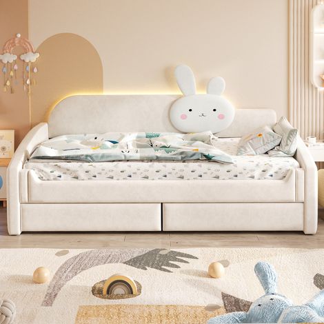 Lit enfant canapé 90x200 cm avec LED et rangements - Dossier forme vague oreille lapin - Beige (1/5)