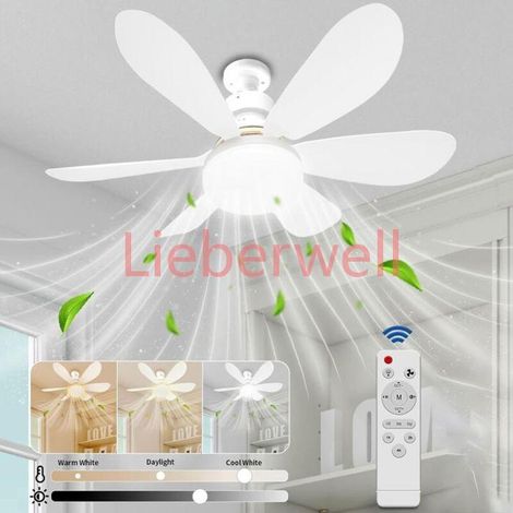 Ventilateur de plafond avec lumière et télécommande, modèle 52 cm petit dimmable LED avec douille E27, 6 pales, 3 vitesses,minuterie (1/5)