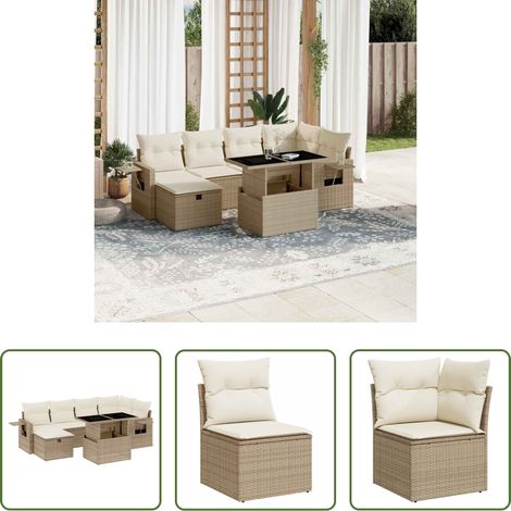 vidaXL Gartentisch mit Beistelltisch - 7-tlg. Garten-Sofagarnitur mit Kissen Beige Poly Rattan (1/5)