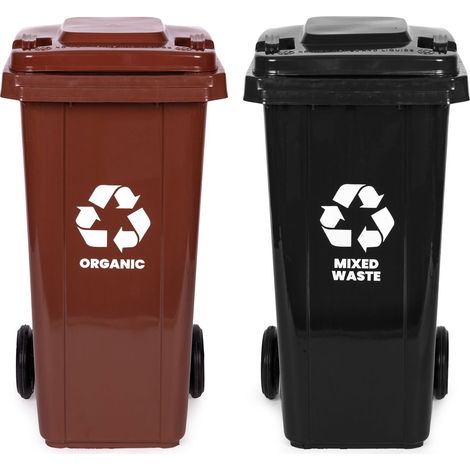 Lot de 2 poubelles de 120 l - noire et marron pehd a roulettes