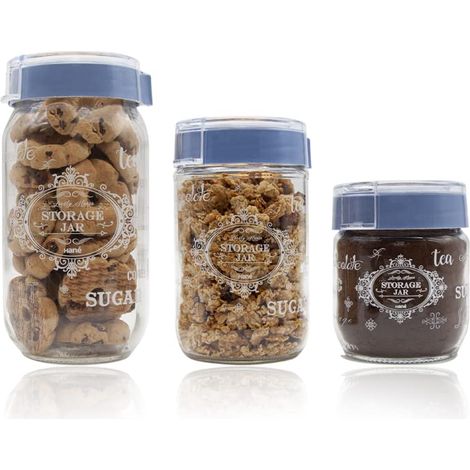 Set 3 Barattoli in Vetro con Scritte con capacità di 1000 ml, 660 ml e 625ml - Barattoli per caffè Zucchero Tè Biscotti Caramelle, conservazione alimenti, contenitori Cucina - Blu (1/5)