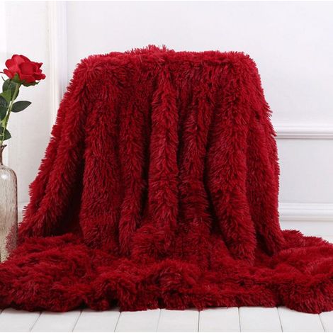 Couverture à poils longs super douce,130x160cm élégante et confortable, en fausse fourrure, pour canapé, chaise et lit,Rouge (1/5)