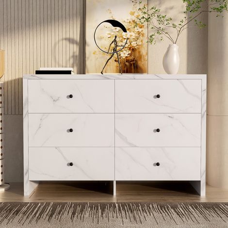 Credenza, Credenza contenitore effetto marmo con 6 cassetti, maniglie in legno nero, dispositivo antiribaltamento, design moderno, 120x40x80cm - Bianco (1/5)