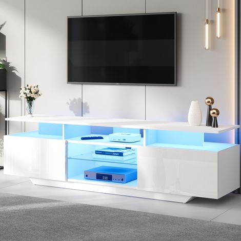 Meuble TV 160x40x45 cm MDF blanc brillant avec LED et rangement pour TV 70 pouces - CHICFURN (1/5)
