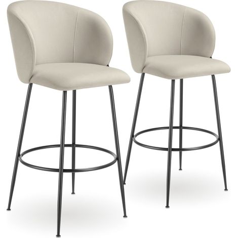 Lot 2 tabourets de bar rembourrés avec dossier aspect velours crème