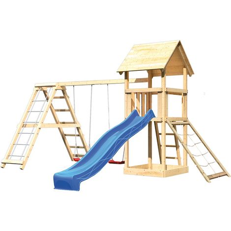 Akubi Lotti Satteldach natur Rutsche blau+DSA+KG+Netzrampe