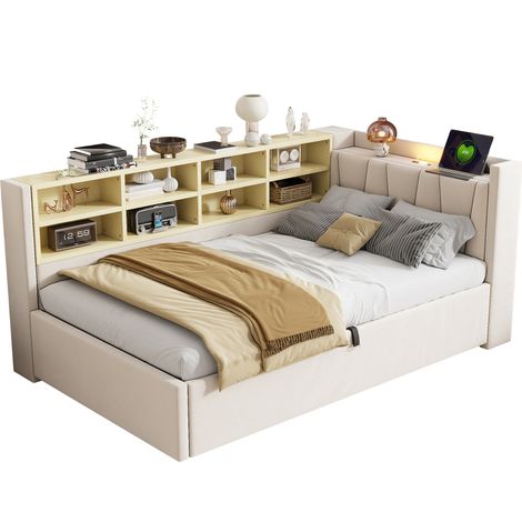 Lit capitonné canapé-lit 90x200 cm, coffre hydraulique, veilleuse, USB Type-C, rangements, tête rembourrée, multifonction, velours beige, matelas non inclus (1/5)