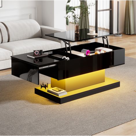 Mesa de centro elevable 100x50x45 cm de paneles de madera negra con almacenaje FloraGrace (1/5)