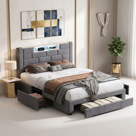 Superaly Lit Double 140x200 cm avec 3 Tiroirs de Rangement, Lit Capitonné pour Adulte, tête de Lit avec Compartiments de rangement ouverts, éclairage LED, Ports USB et Type-C, Velours, Gris (1/5)