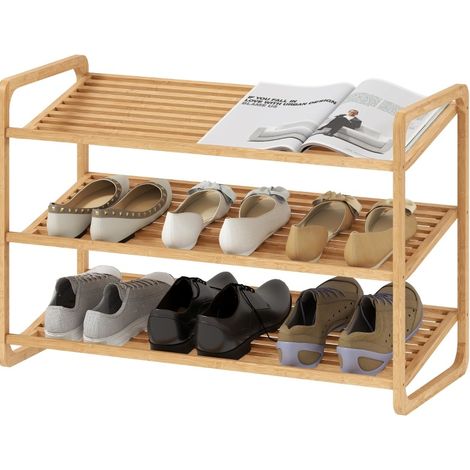 Étagère à chaussures en bambou 3 niveaux, rangement d’entrée incliné pour 9 à 12 paires, tablette d’appoint, structure stable 30 kg  CHICFURN (1/5)