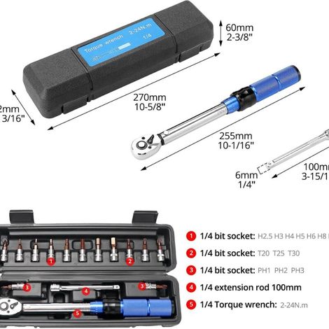 Chiave dinamometrica regolabile 1/4" 2-24 Nm, 15 pezzi, rilascio rapido, mini chiave portatile per casa, bici, auto e riparazioni (1/3)