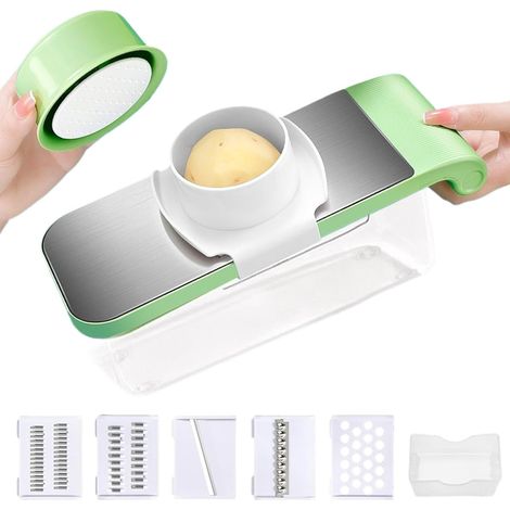 Coupe-Pommes de Terre avec Conteneur et 5 Lames - Râpe Carottes Sécurisée avec Protège-Mains - Découpeuse Manuelle Pour Maison Légumes Fruits Carotte Oignon Courgette (1/5)